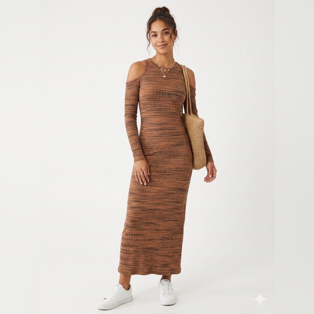ZARA Ribbed Knit Cold Shoulder Midi Dress Brown Striped Bodycon Size S